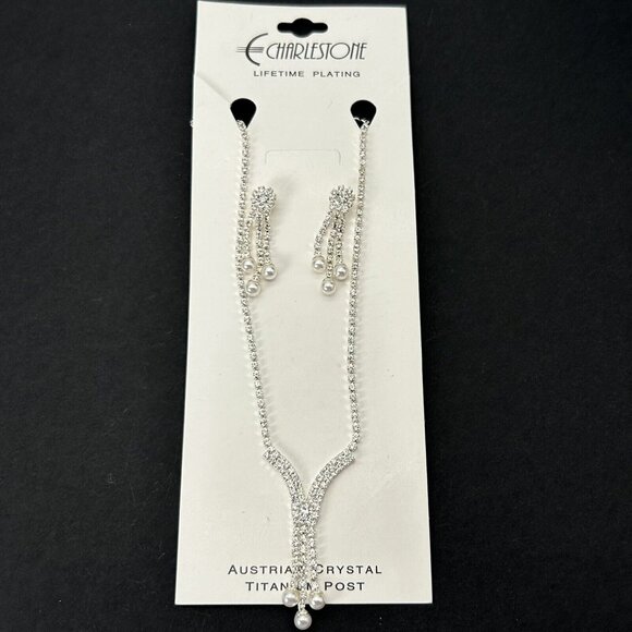 Charlestone Jewelry Set Necklace Earrings Austrian Crystal Faux Pearl Wedding - Picture 1 of 6